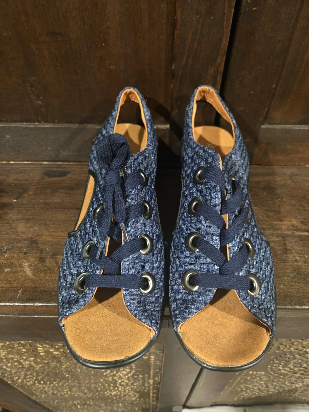 Bernie Mev. Navy Blue Woven Lace-Up Open-Toe Wedge Sandals